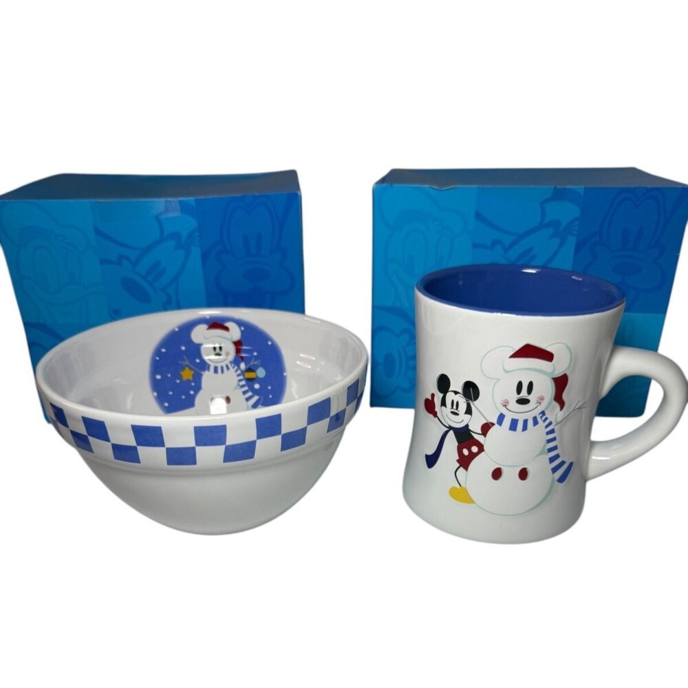 Disney Embossed Mickey Mouse and Snowman Coffee Mug and Bowl New